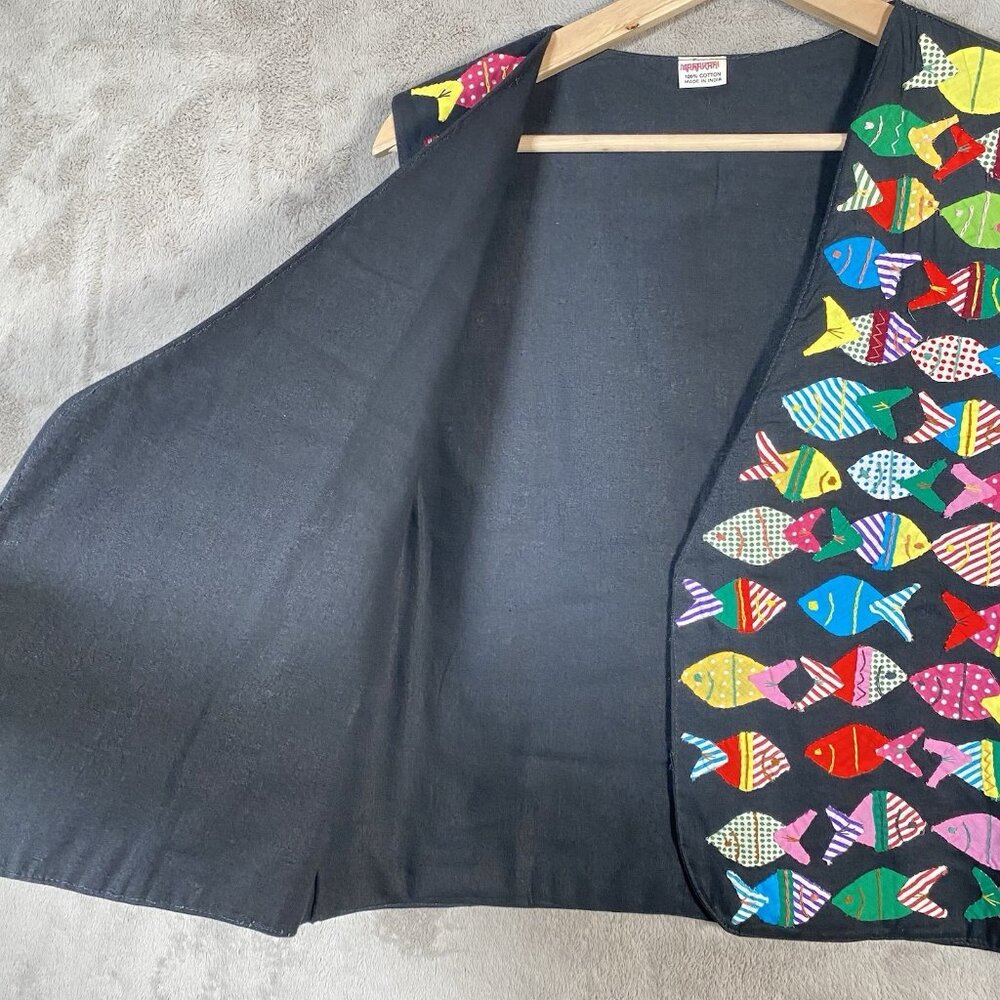 Vintage Artisan Fish Applique Vest M Folk Art to Wear Novelty Patchwork Colorful - Picture 12 of 15